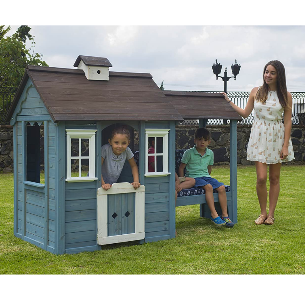 Give your little ones a place to call their own with this wood outdoor playhouse. It's perfect for imaginative play, and the bench provides a place for them to take a break. The compact size is perfect for small yards, and the wood construction is durable and weather-resistant.