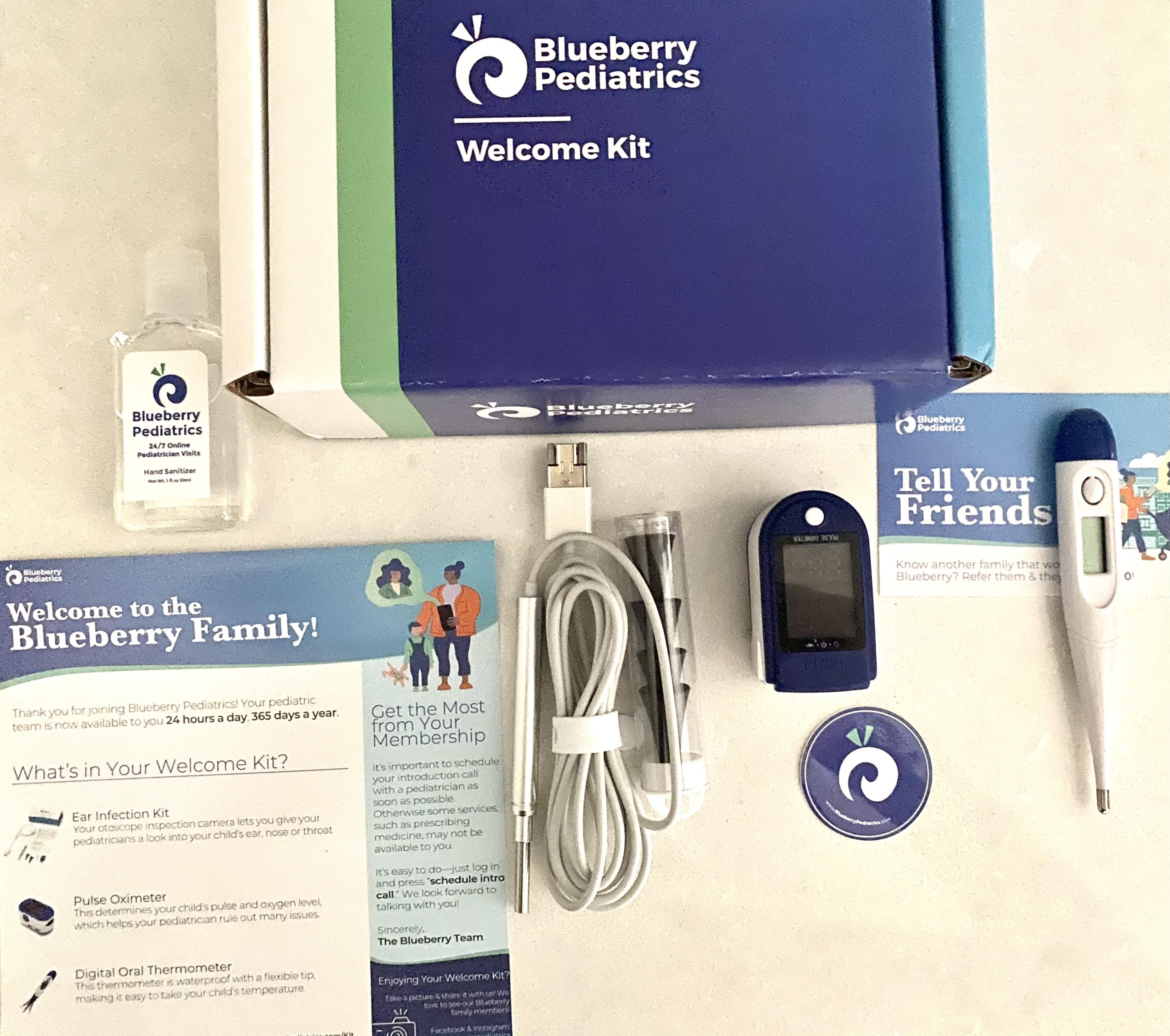 For your pediatric telehealth appointments, Blueberry Pediatrics sends you a medical kit for your online pediatric appointments. The kit includes everything you need for the pediatrician to diagnose and send your child in a prescription if needed. 