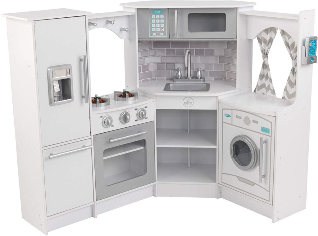 This little modern white kitchen would be a great toddler girl toy you can gift Your toddler will play for hours with this cute kitchen with realistic sounds and lights