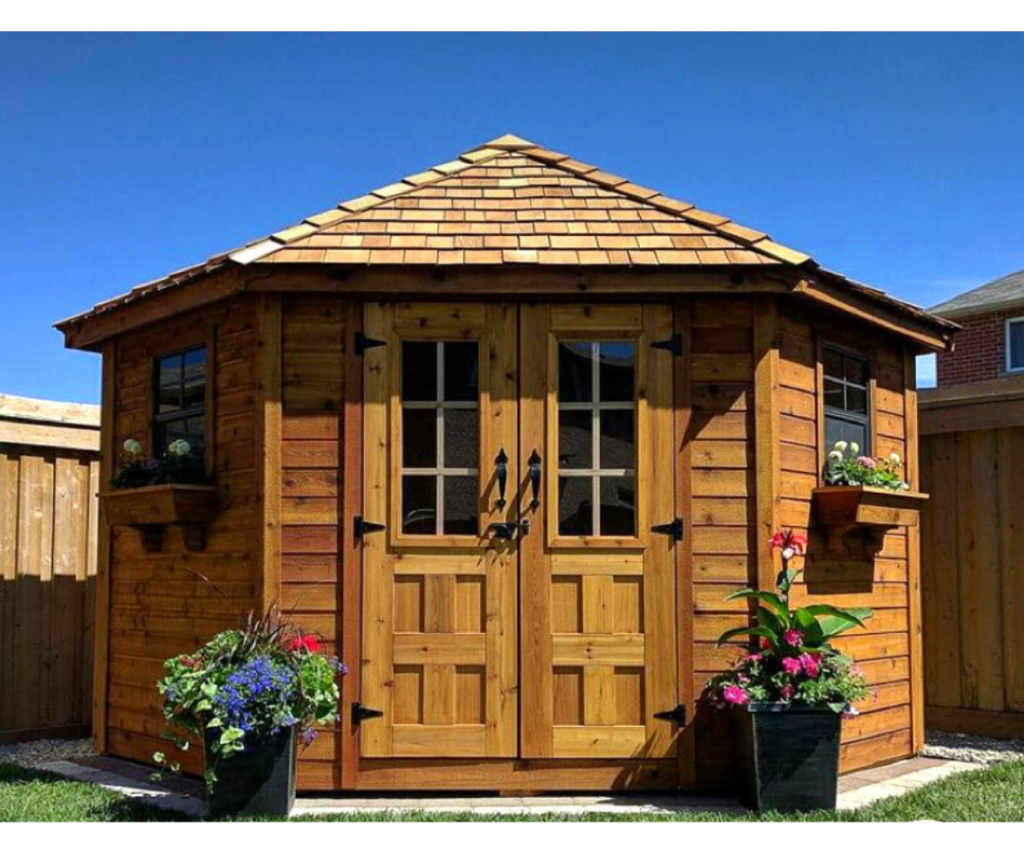 Looking for She Shed Ideas that are not a traditional box shed? This She Shed can be placed in a corner of your space for a unique look 