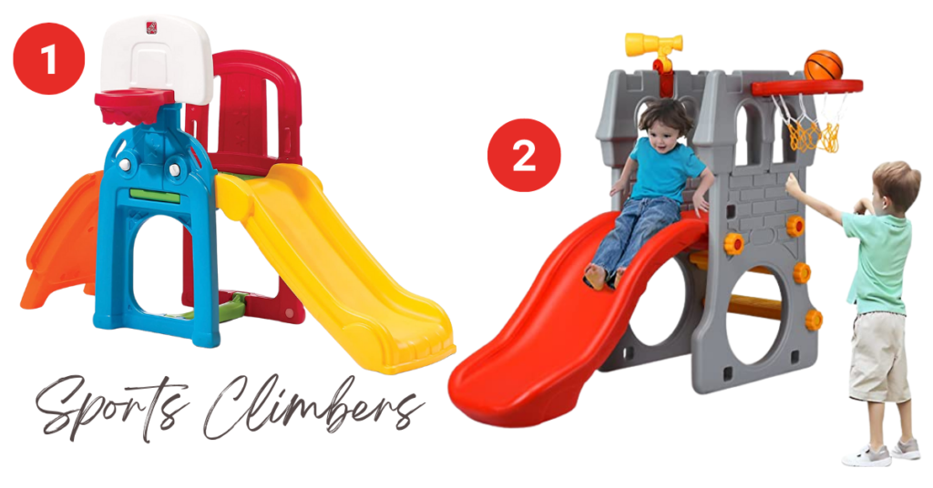 These are fun, toddler indoor climbing toys for hours of fun. Sports themed for your toddler to learn some shooting skills!